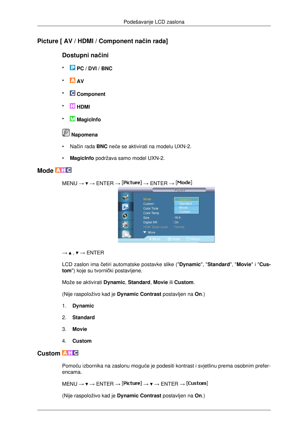 Samsung LH40MRTLBC/EN manual Picture AV / Hdmi / Component način rada Dostupni načini, Mode, Dynamic Standard Movie Custom 