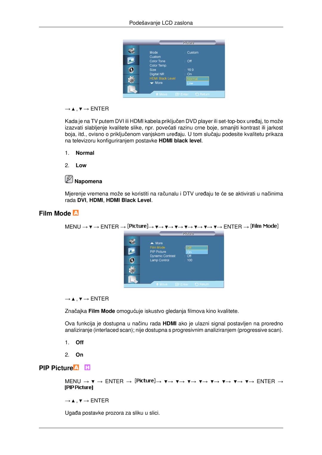 Samsung LH46MRTLBC/EN, LH40MRTLBC/EN, LH46MSTLBB/EN manual Film Mode, Normal Low Napomena 