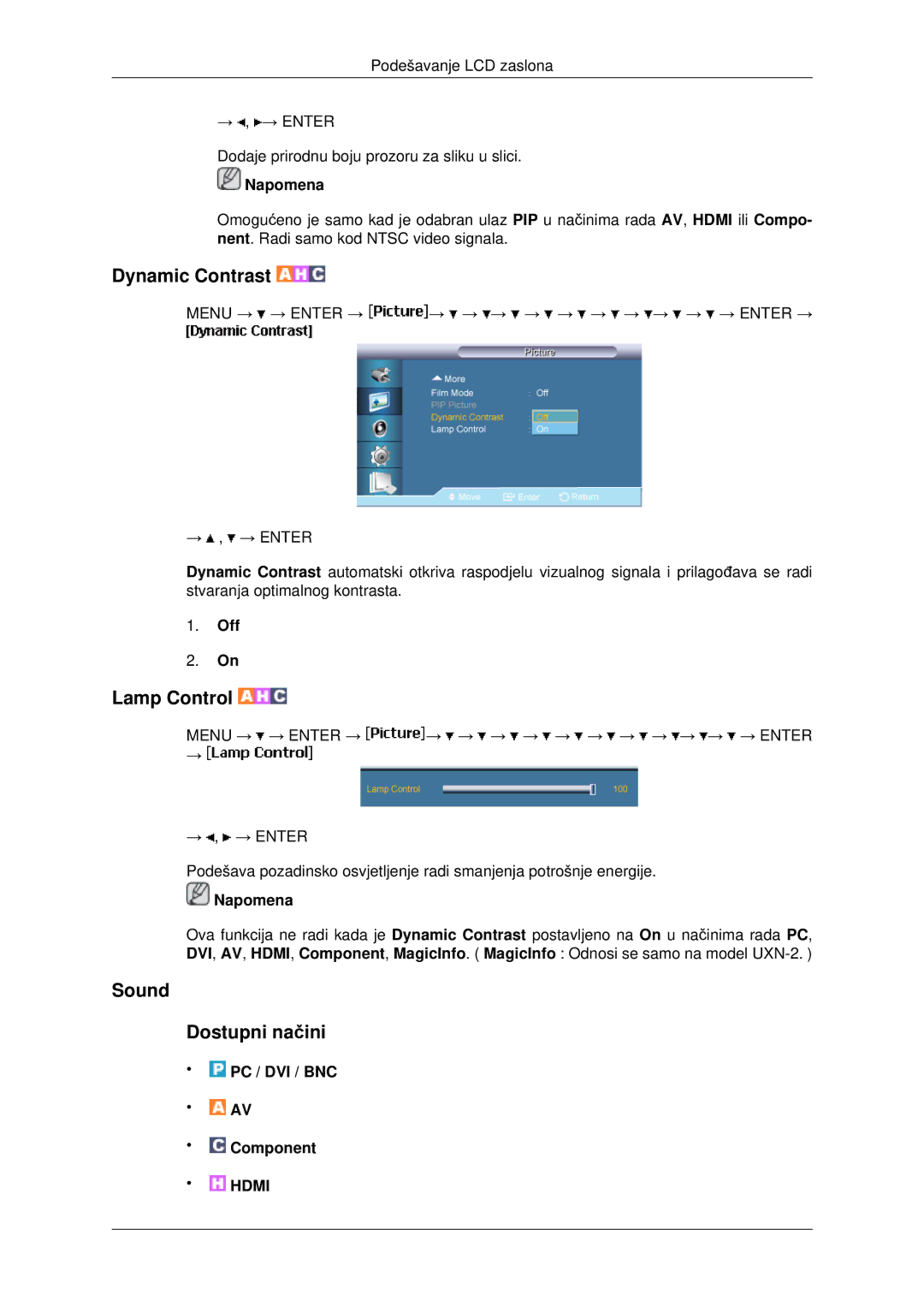 Samsung LH40MRTLBC/EN, LH46MRTLBC/EN, LH46MSTLBB/EN manual Dynamic Contrast, Sound Dostupni načini 