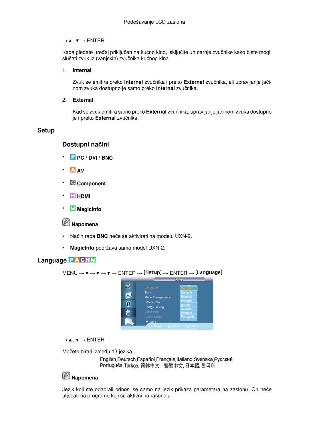 Samsung LH46MRTLBC/EN, LH40MRTLBC/EN, LH46MSTLBB/EN manual Setup Dostupni načini, Language, Internal, External 