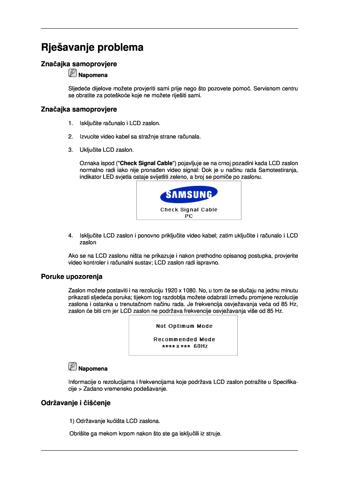 Samsung LH40MRTLBC/EN manual Rješavanje problema, Značajka samoprovjere, Poruke upozorenja, Održavanje i čišćenje, Napomena 
