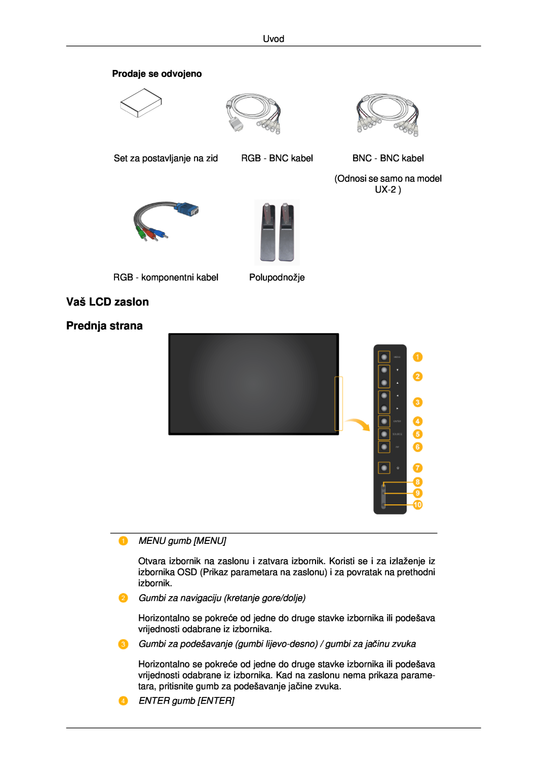 Samsung LH46MSTLBB/EN manual Vaš LCD zaslon Prednja strana, MENU gumb MENU, Gumbi za navigaciju kretanje gore/dolje 