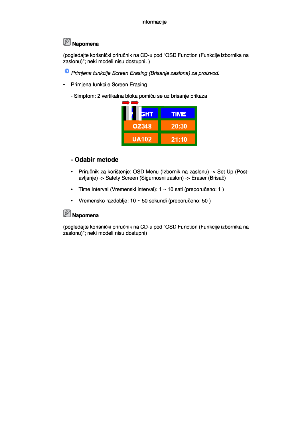 Samsung LH46MSTLBB/EN manual Primjena funkcije Screen Erasing Brisanje zaslona za proizvod, Odabir metode, Napomena 