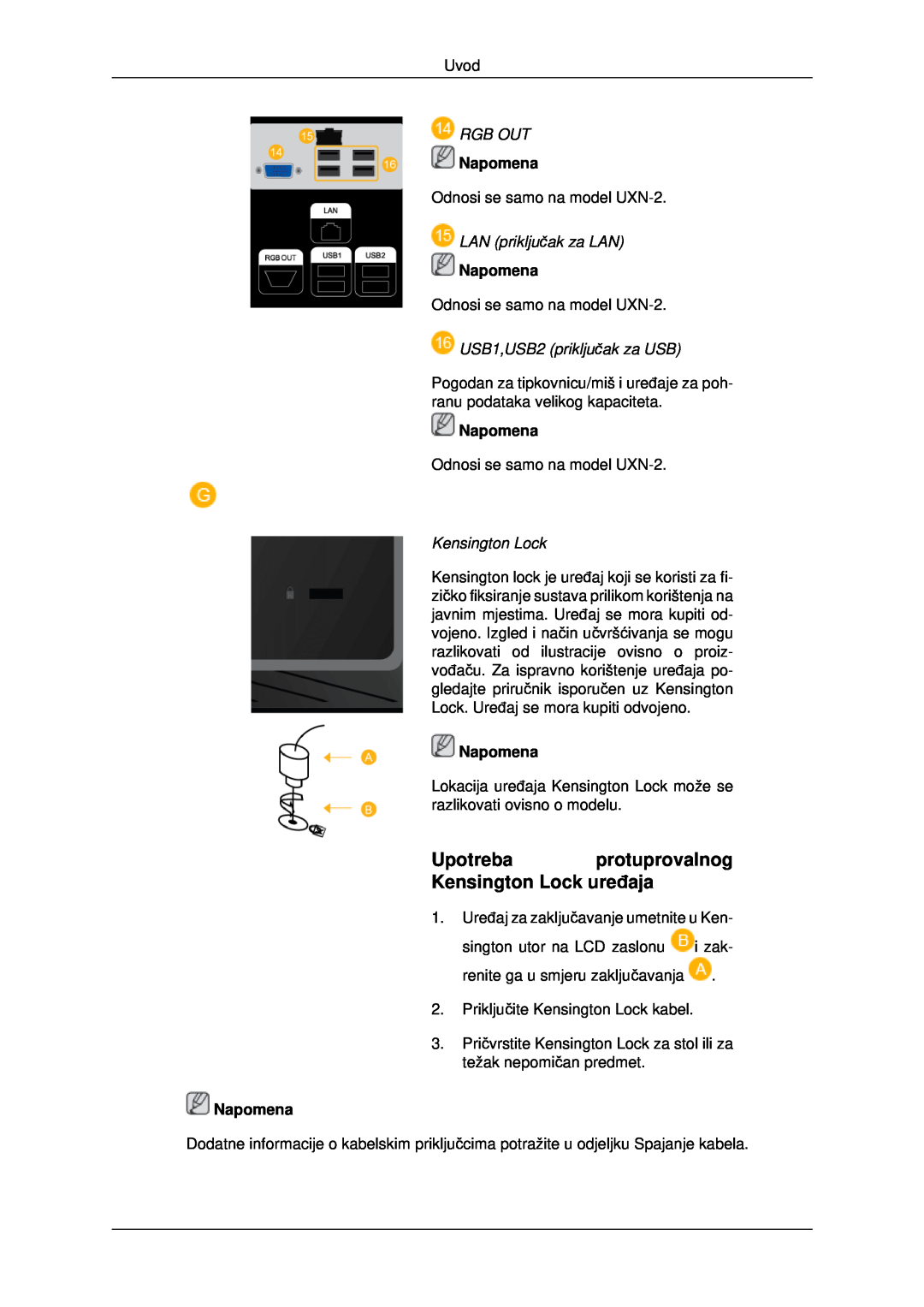 Samsung LH46MRTLBC/EN manual Upotreba protuprovalnog Kensington Lock uređaja, Rgb Out, LAN priključak za LAN, Napomena 