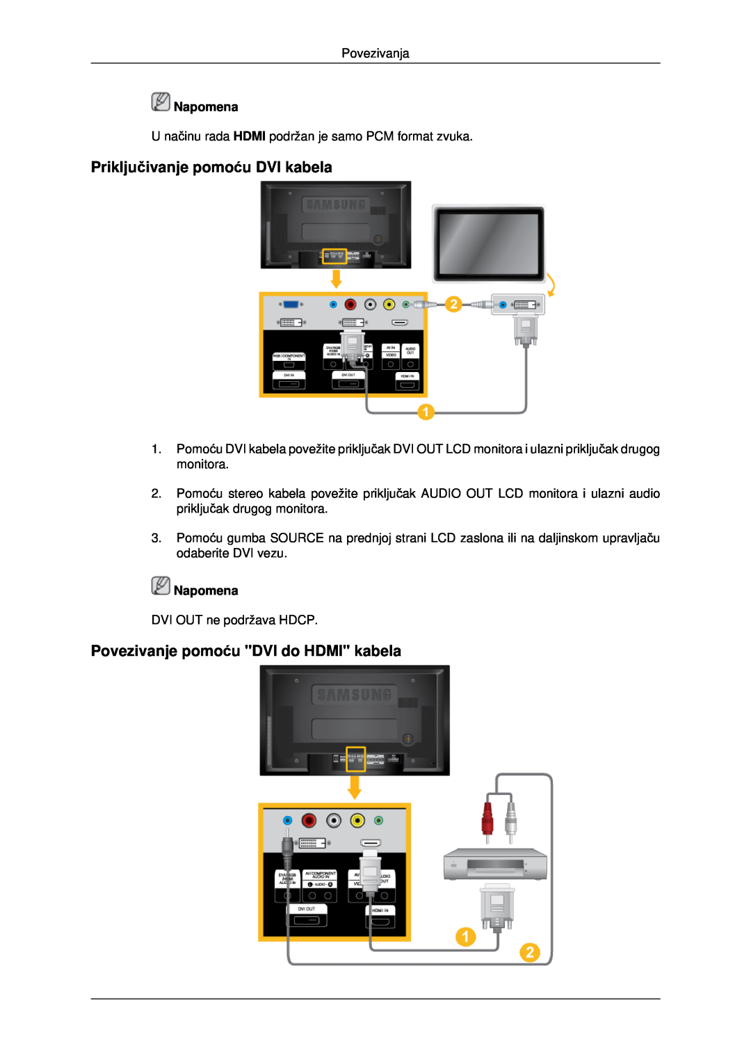 Samsung LH46MSTLBB/EN, LH40MRTLBC/EN Priključivanje pomoću DVI kabela, Povezivanje pomoću DVI do HDMI kabela, Napomena 
