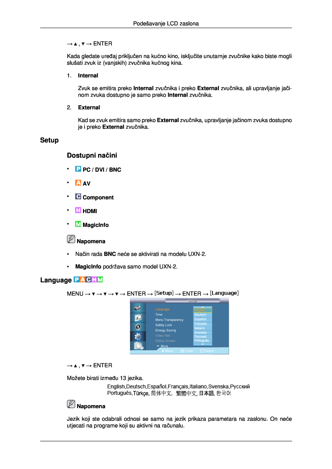 Samsung LH46MRTLBC/EN, LH40MRTLBC/EN, LH46MSTLBB/EN manual Setup Dostupni načini, Language, Internal, External, Napomena 