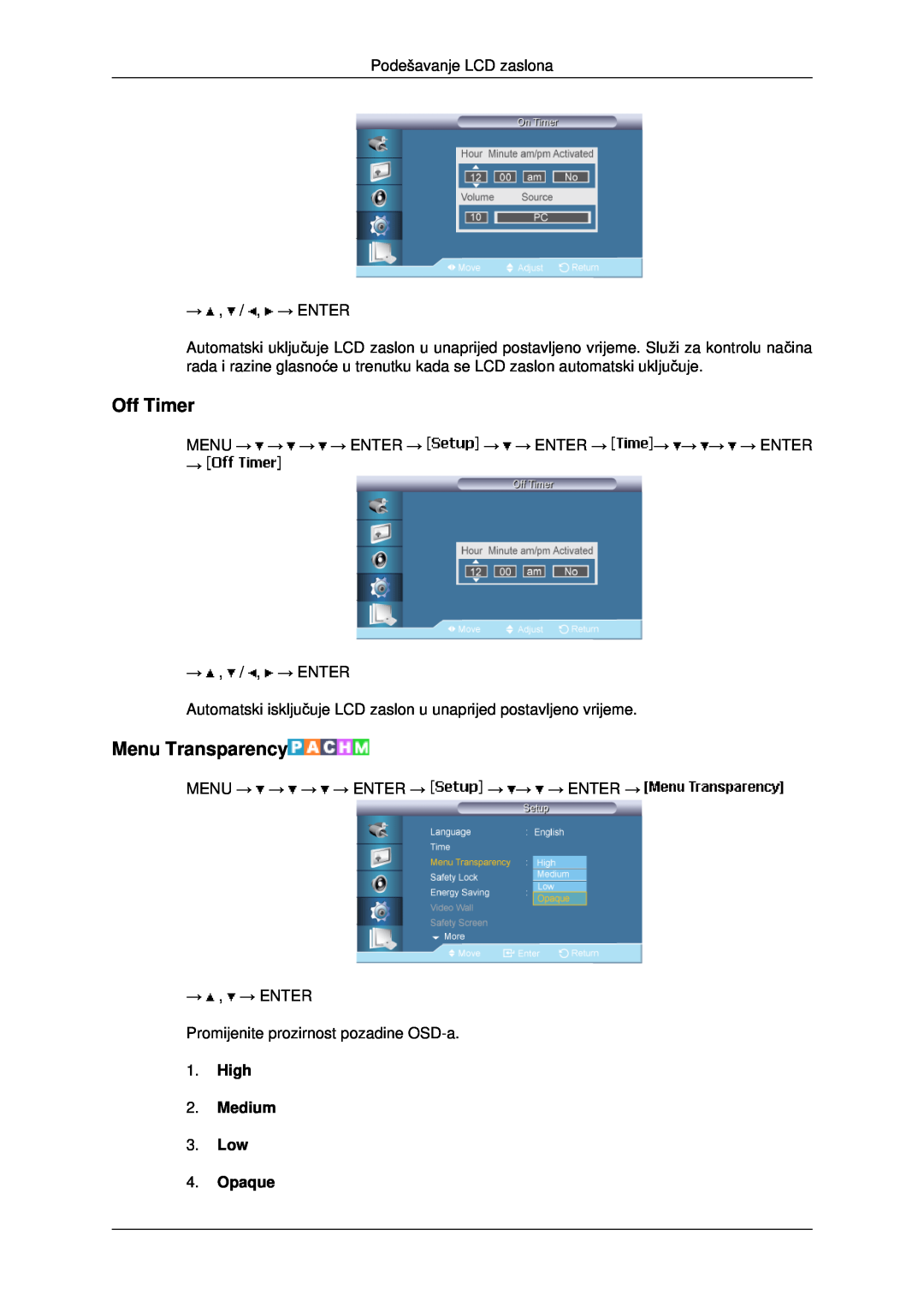 Samsung LH40MRTLBC/EN, LH46MRTLBC/EN, LH46MSTLBB/EN manual Off Timer, Menu Transparency, High 2. Medium 3. Low 4. Opaque 