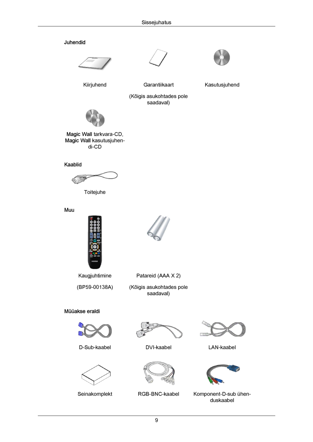 Samsung LH40MRTLBC/EN manual Juhendid, Kaablid, Muu, Müüakse eraldi 