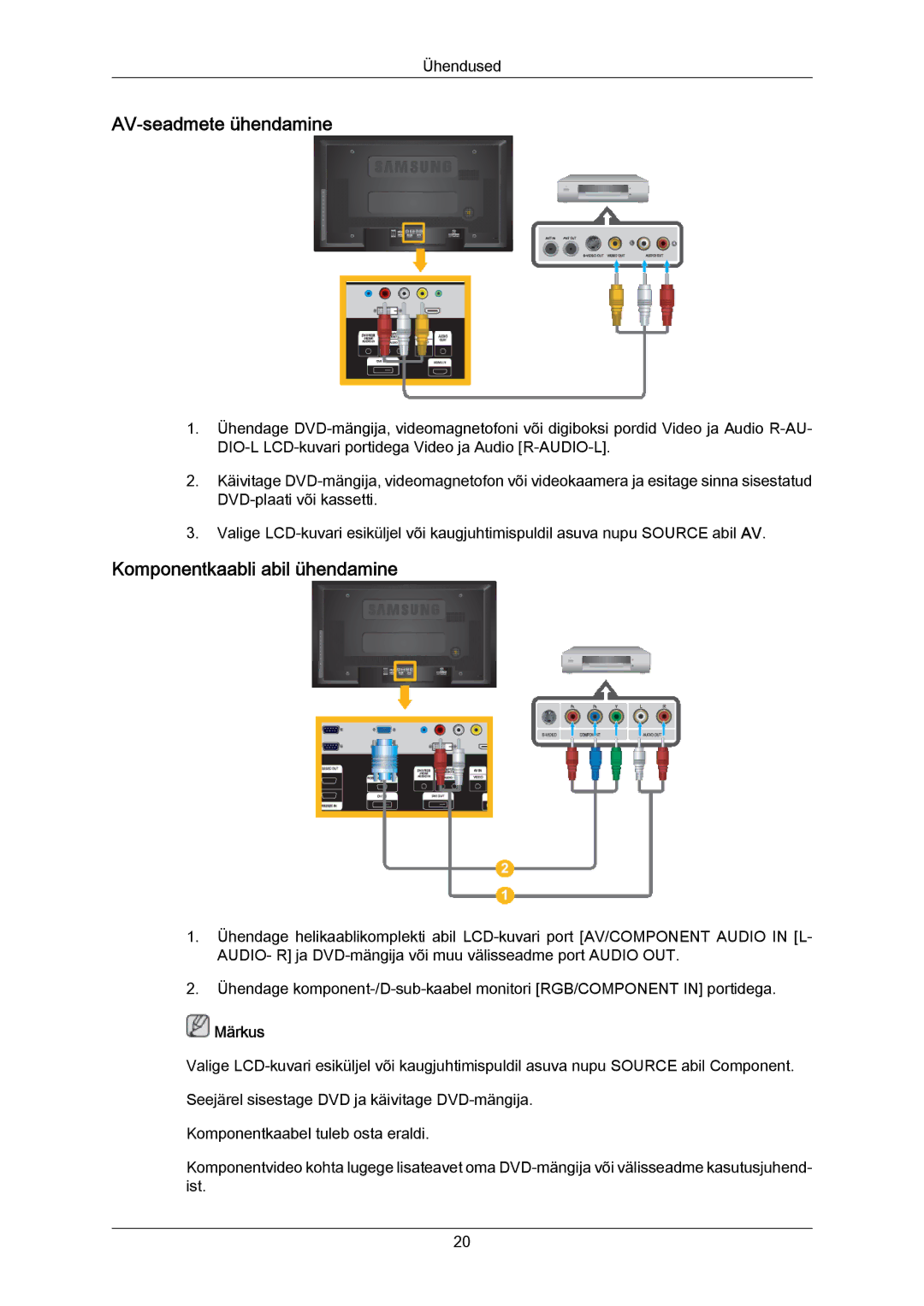 Samsung LH40MRTLBC/EN manual AV-seadmete ühendamine, Komponentkaabli abil ühendamine 