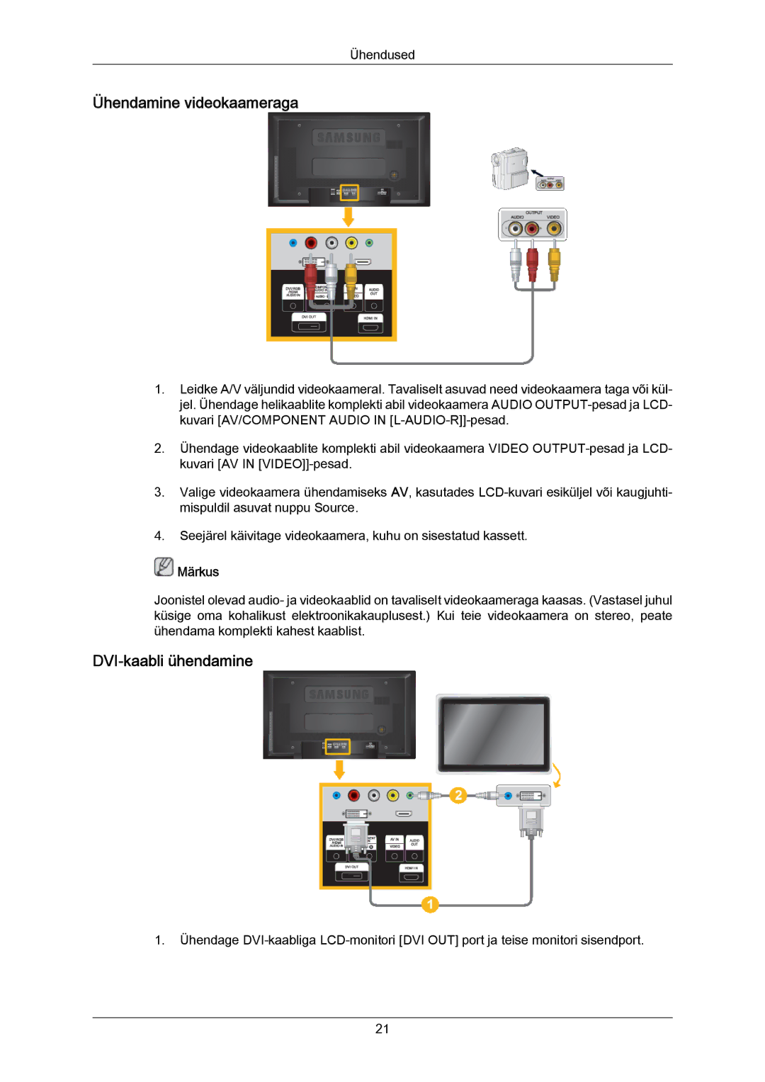 Samsung LH40MRTLBC/EN manual Ühendamine videokaameraga, DVI-kaabli ühendamine 