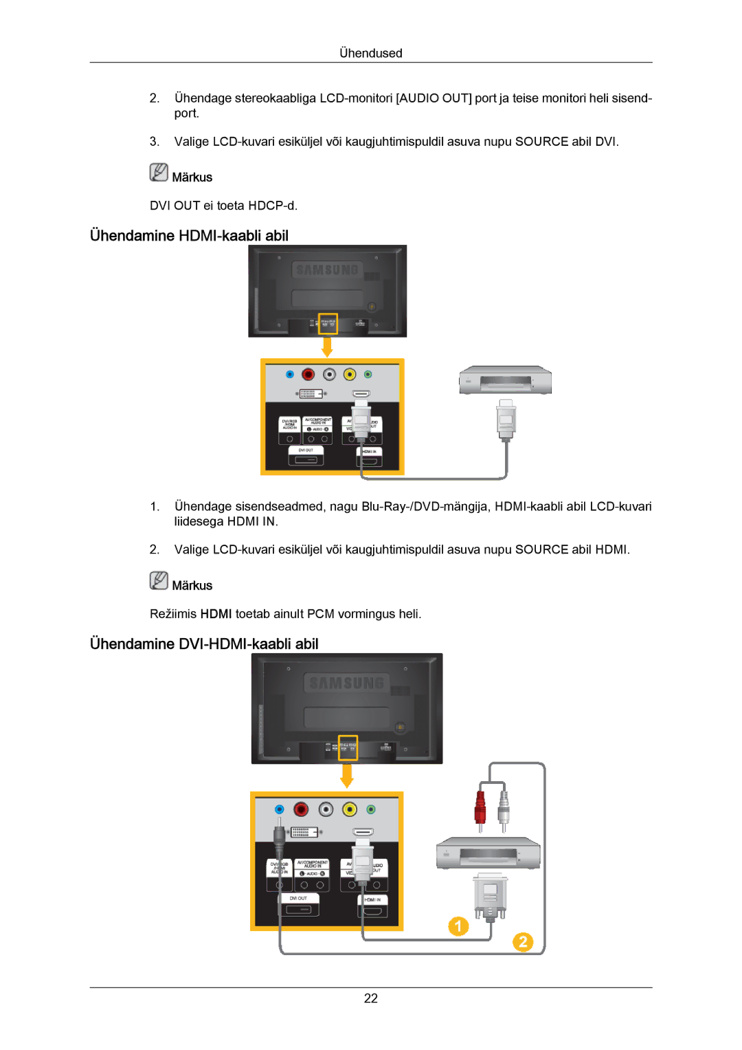 Samsung LH40MRTLBC/EN manual Ühendamine HDMI-kaabli abil, Ühendamine DVI-HDMI-kaabli abil 