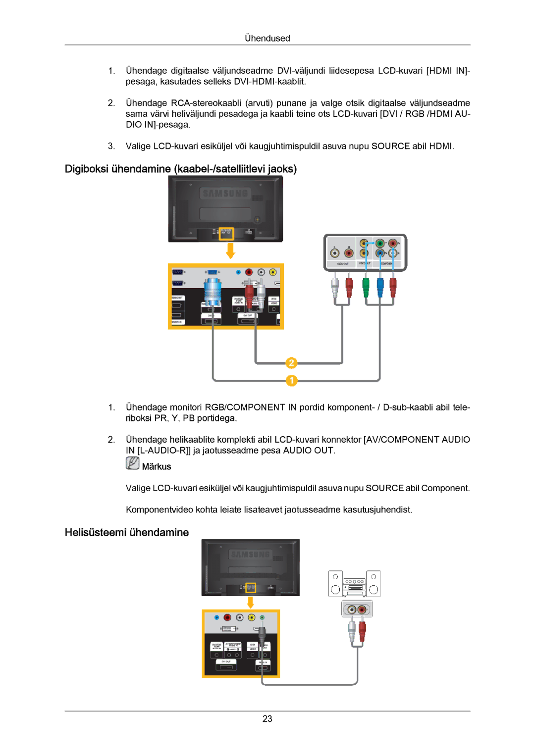 Samsung LH40MRTLBC/EN manual Digiboksi ühendamine kaabel-/satelliitlevi jaoks, Helisüsteemi ühendamine 