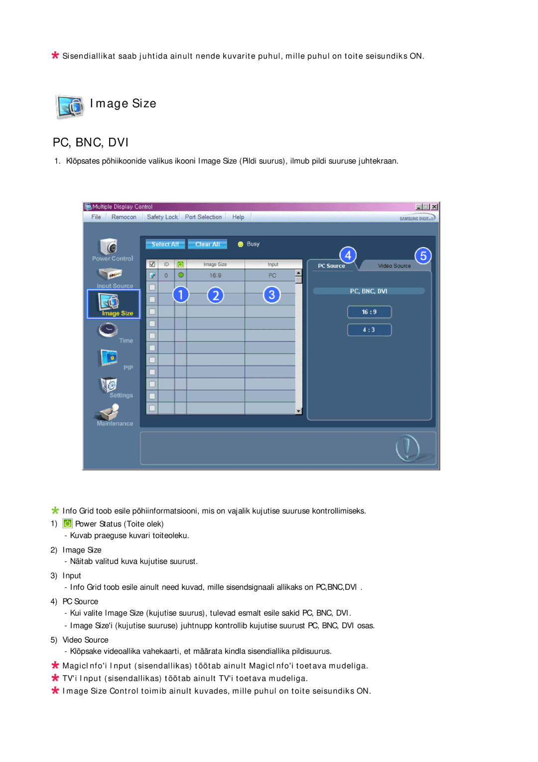 Samsung LH40MRTLBC/EN manual Image Size, Pc, Bnc, Dvi 