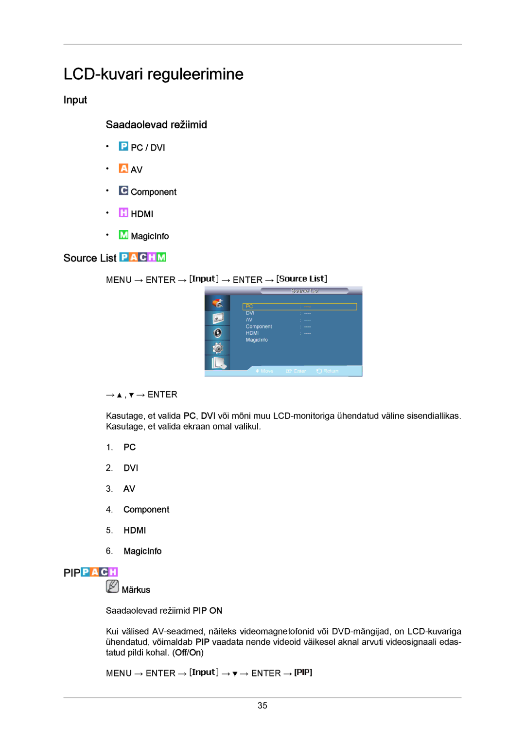 Samsung LH40MRTLBC/EN manual Input Saadaolevad režiimid, Source List, PC / DVI Component, MagicInfo 