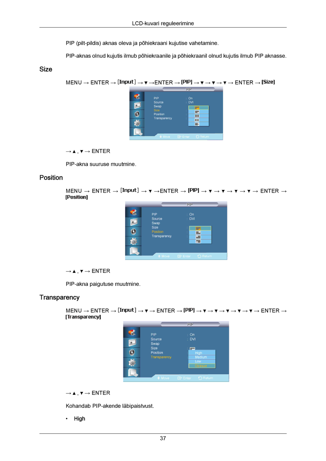 Samsung LH40MRTLBC/EN manual Size, Position, Transparency, High 