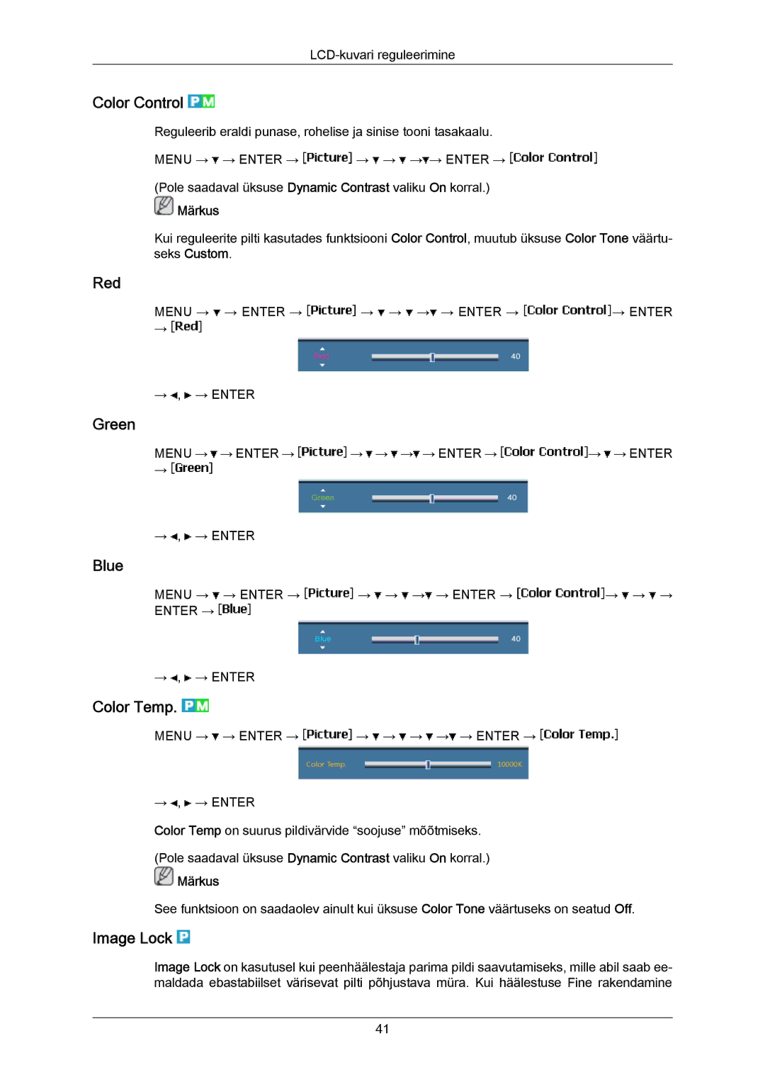 Samsung LH40MRTLBC/EN manual Color Control, Red, Green, Blue, Color Temp, Image Lock 
