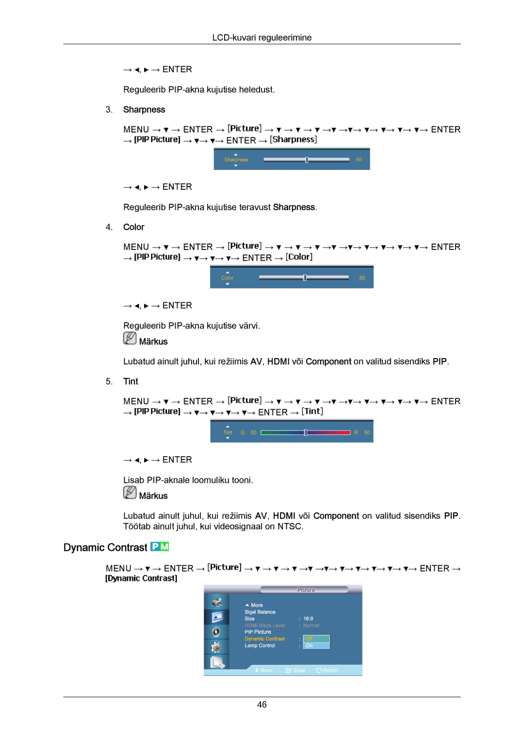 Samsung LH40MRTLBC/EN manual Dynamic Contrast, Sharpness, Color, Tint 