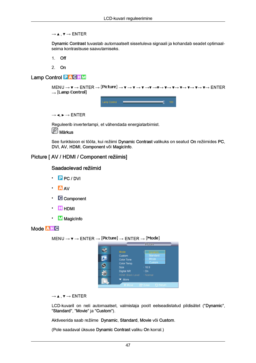 Samsung LH40MRTLBC/EN manual Lamp Control, Picture AV / Hdmi / Component režiimis Saadaolevad režiimid, Mode 