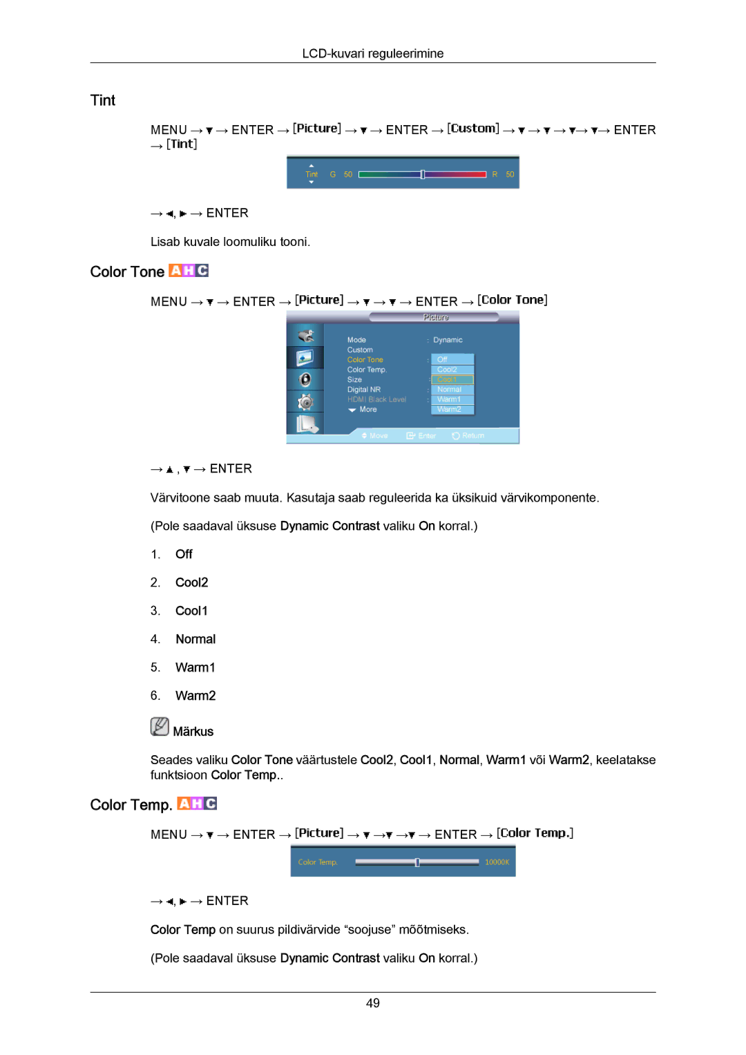 Samsung LH40MRTLBC/EN manual Tint, Off Cool2 Cool1 Normal Warm1 Warm2 Märkus 