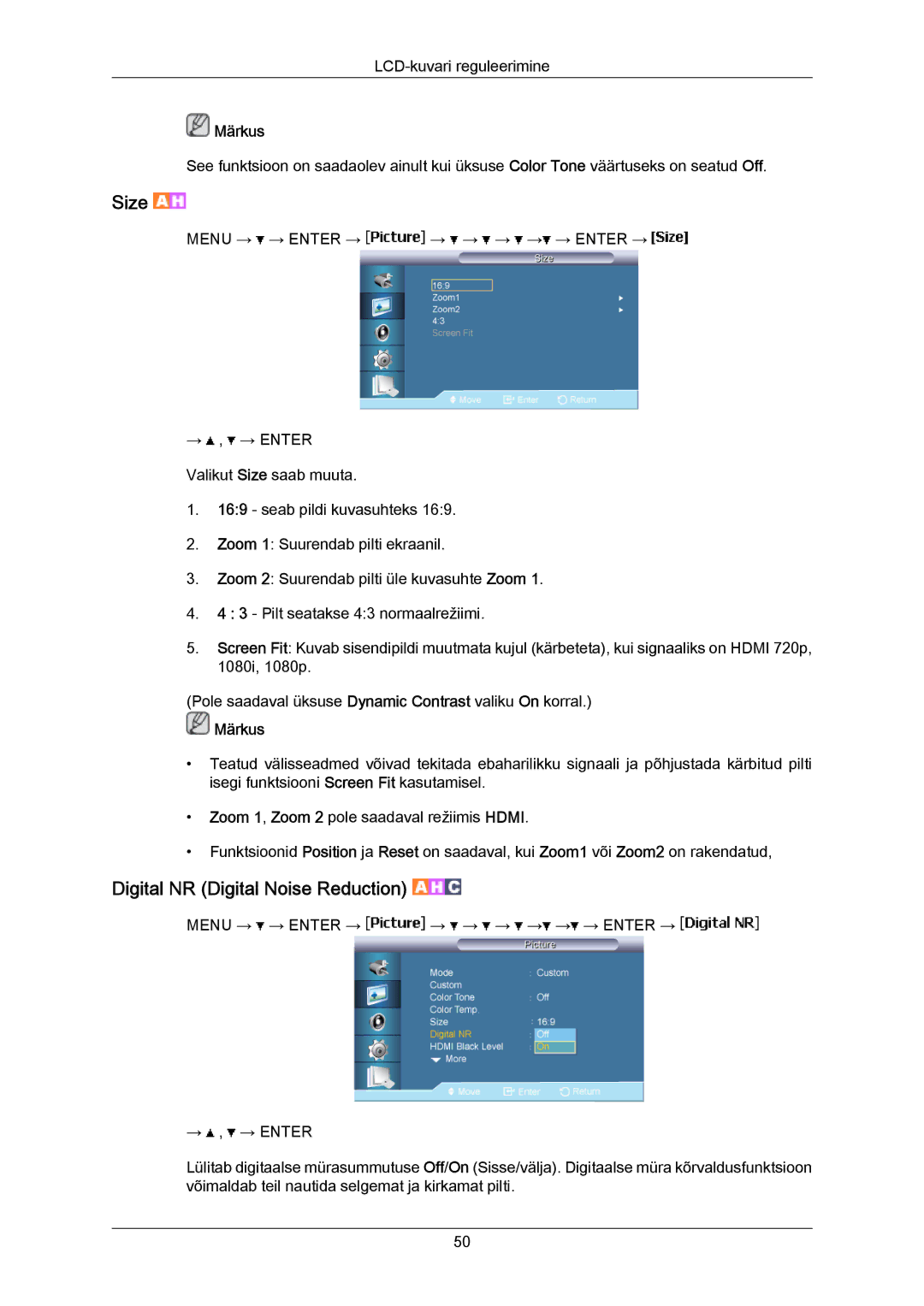 Samsung LH40MRTLBC/EN manual Size, Digital NR Digital Noise Reduction 