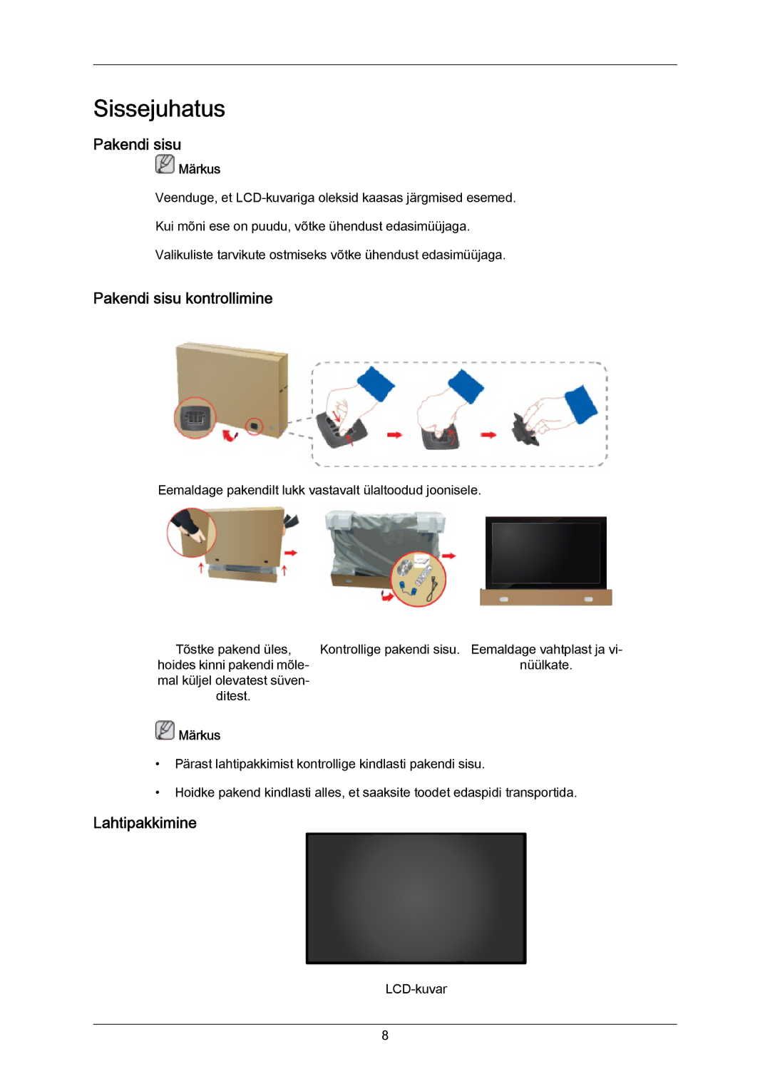 Samsung LH40MRTLBC/EN manual Pakendi sisu kontrollimine, Lahtipakkimine 