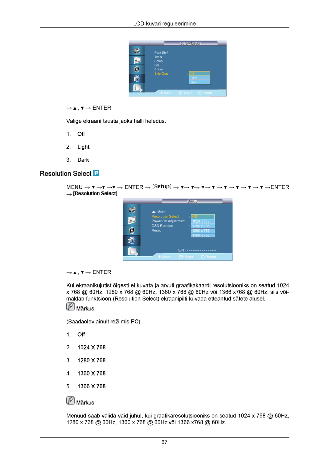 Samsung LH40MRTLBC/EN manual Resolution Select, Off Light Dark, Off 1024 X 1280 X 1360 X 1366 X Märkus 