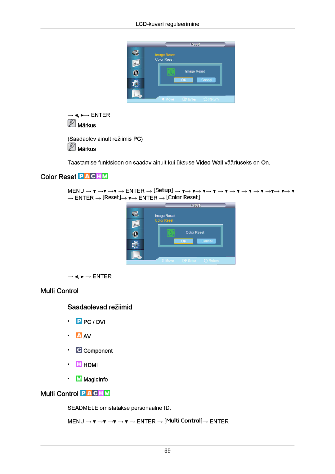 Samsung LH40MRTLBC/EN manual Color Reset, Multi Control Saadaolevad režiimid 