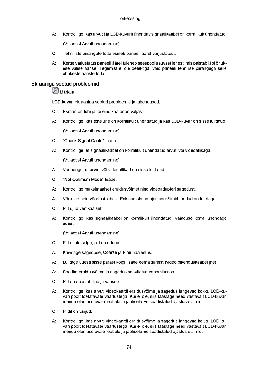 Samsung LH40MRTLBC/EN manual Ekraaniga seotud probleemid, Check Signal Cable teade, Not Optimum Mode teade 