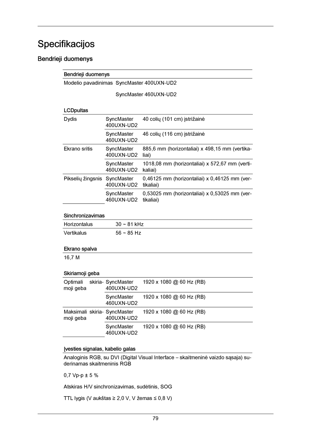 Samsung LH40MRTLBC/EN manual Bendrieji duomenys 