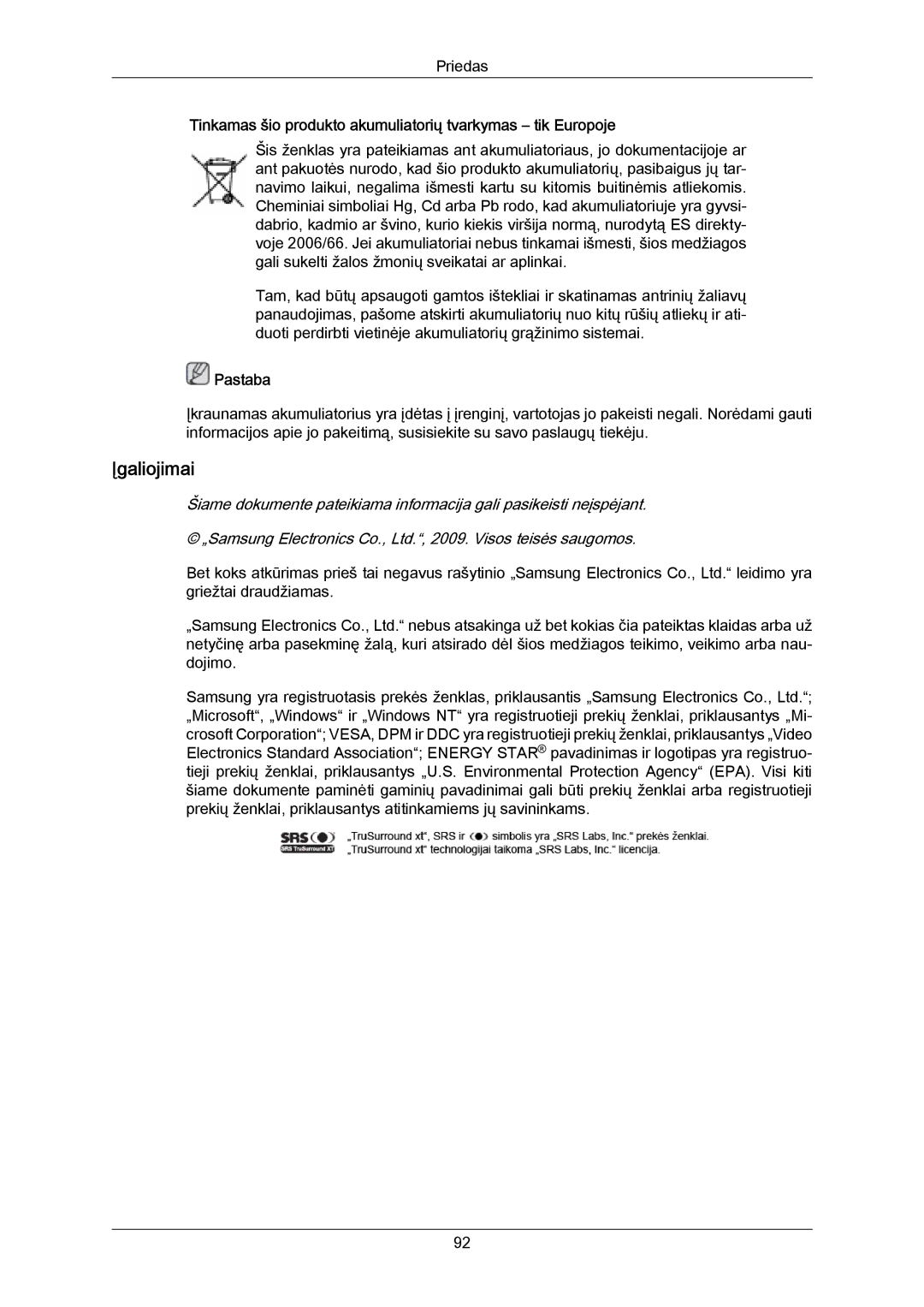 Samsung LH40MRTLBC/EN manual Įgaliojimai, Tinkamas šio produkto akumuliatorių tvarkymas tik Europoje 