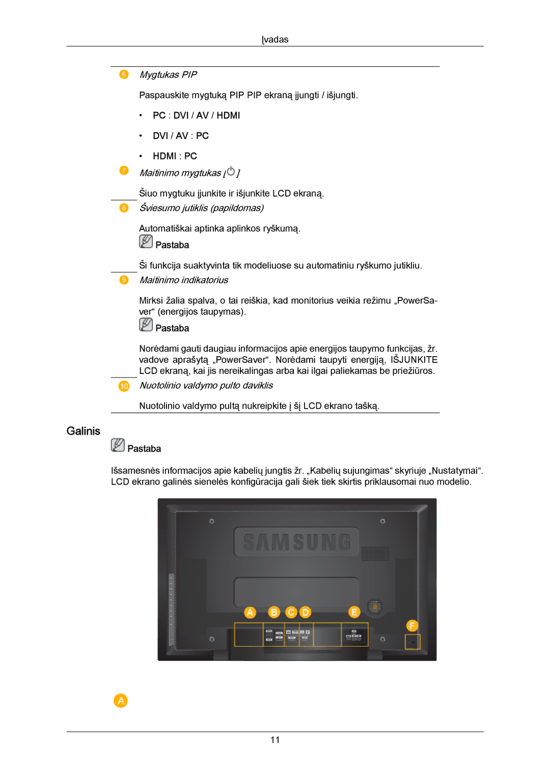 Samsung LH40MRTLBC/EN manual Galinis, PC DVI / AV / Hdmi DVI / AV PC 