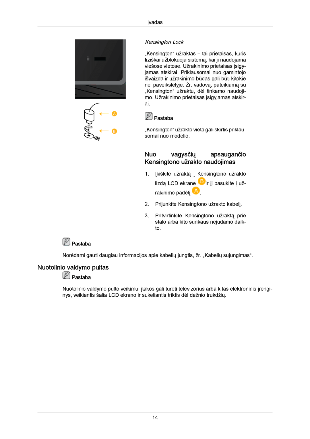 Samsung LH40MRTLBC/EN manual Nuo vagysčių apsaugančio Kensingtono užrakto naudojimas, Nuotolinio valdymo pultas 