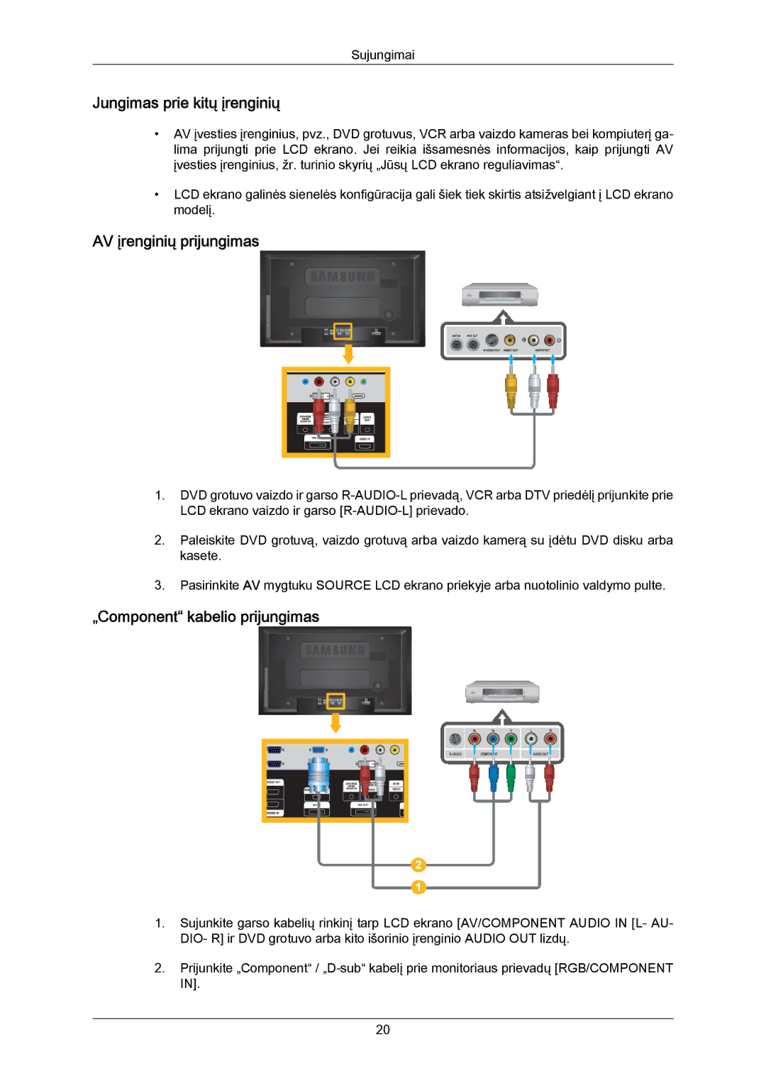 Samsung LH40MRTLBC/EN manual Jungimas prie kitų įrenginių, AV įrenginių prijungimas, „Component kabelio prijungimas 