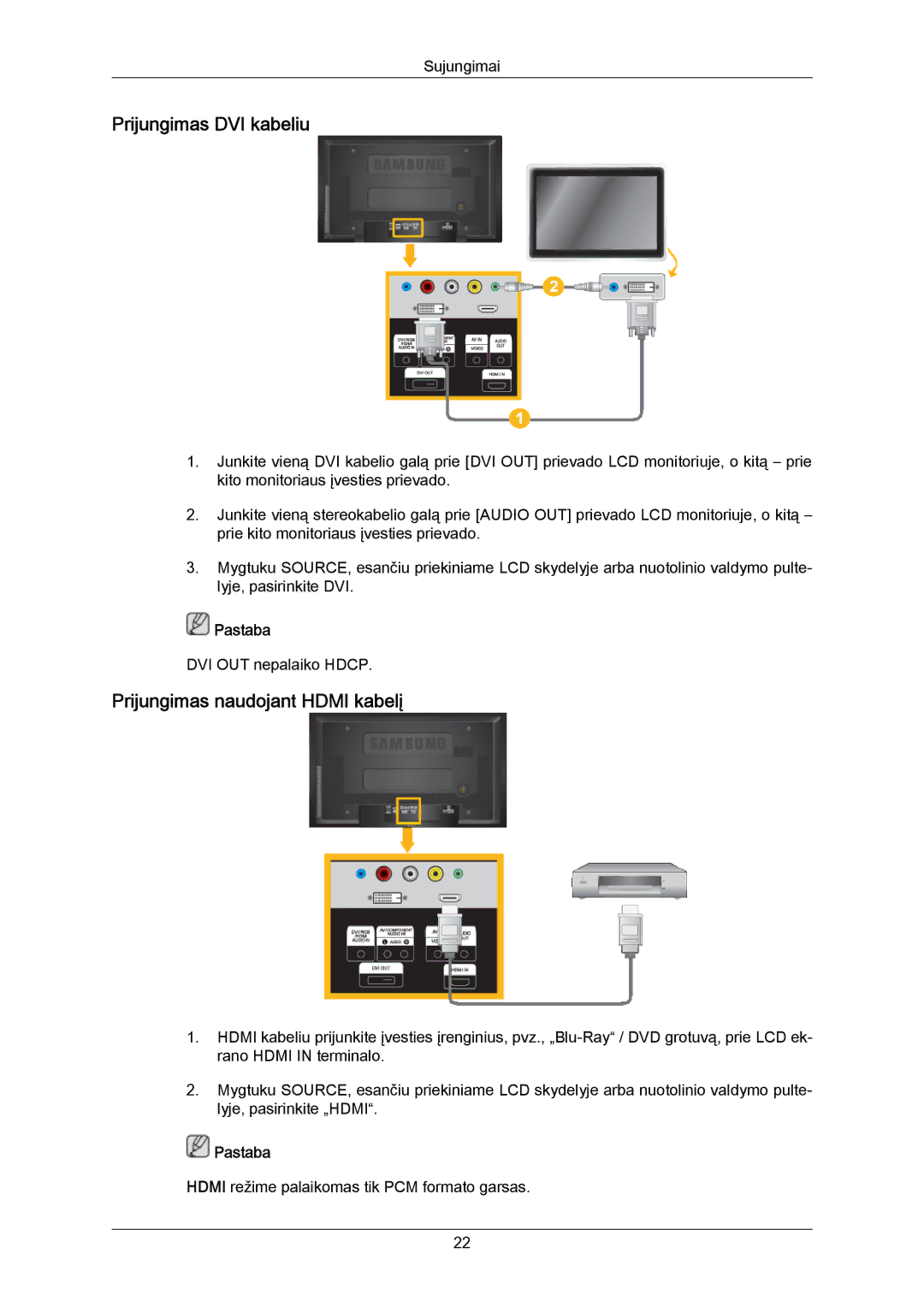 Samsung LH40MRTLBC/EN manual Prijungimas DVI kabeliu, Prijungimas naudojant Hdmi kabelį 