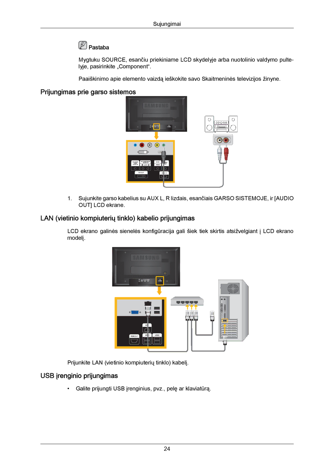 Samsung LH40MRTLBC/EN manual Prijungimas prie garso sistemos, LAN vietinio kompiuterių tinklo kabelio prijungimas 