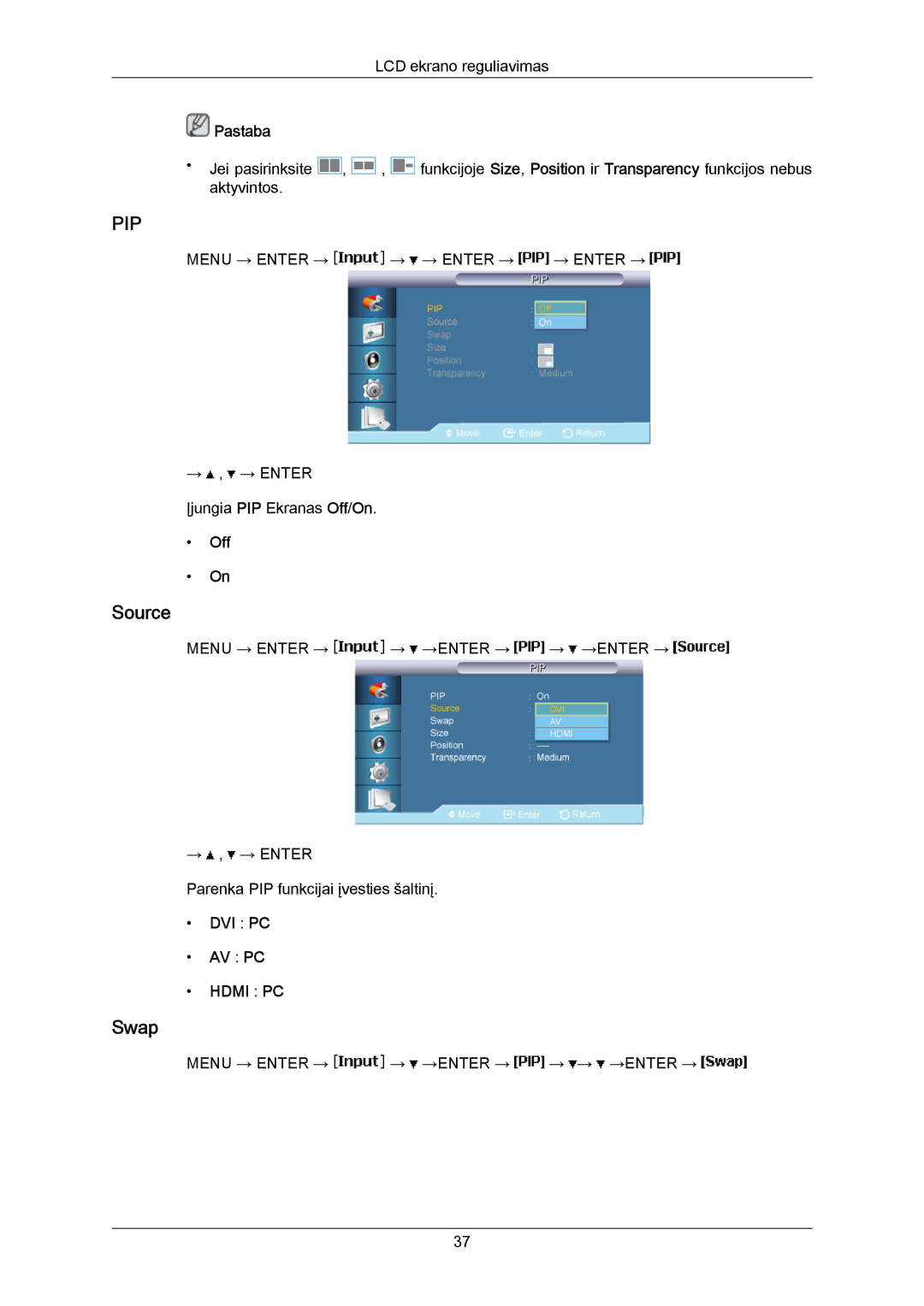 Samsung LH40MRTLBC/EN manual Source, Swap, Off, Dvi Pc Av Pc 