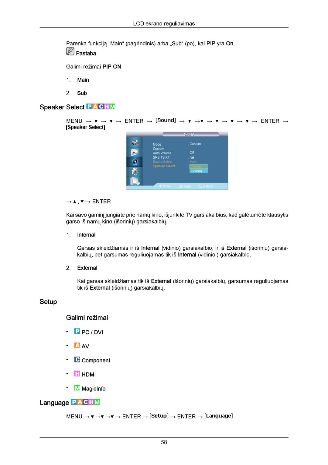 Samsung LH40MRTLBC/EN manual Speaker Select, Setup Galimi režimai, Language 