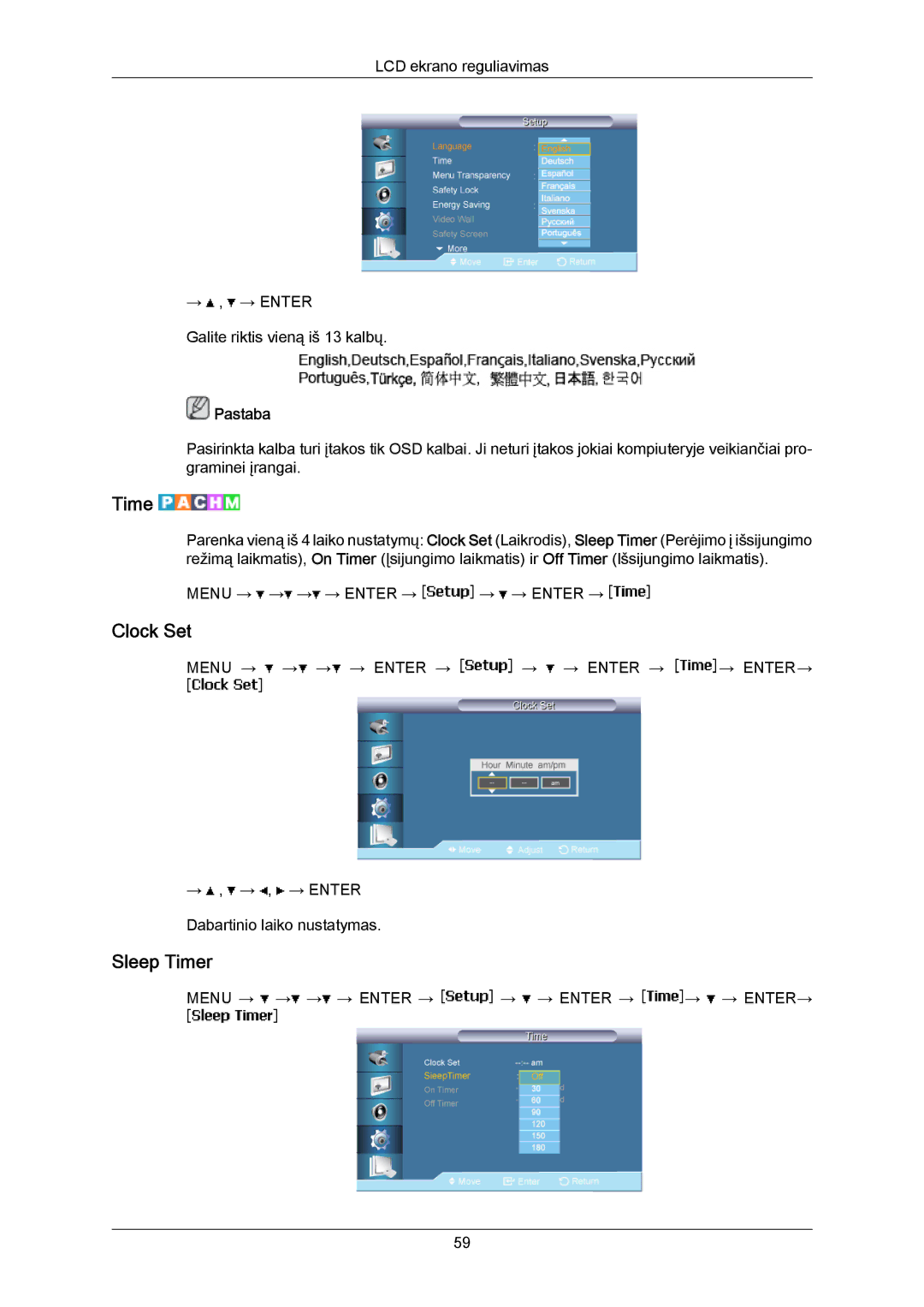 Samsung LH40MRTLBC/EN manual Clock Set, Sleep Timer 