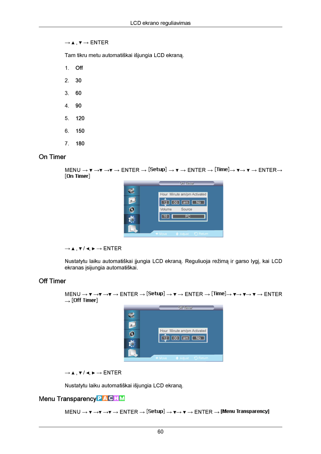 Samsung LH40MRTLBC/EN manual On Timer, Off Timer, Menu Transparency 