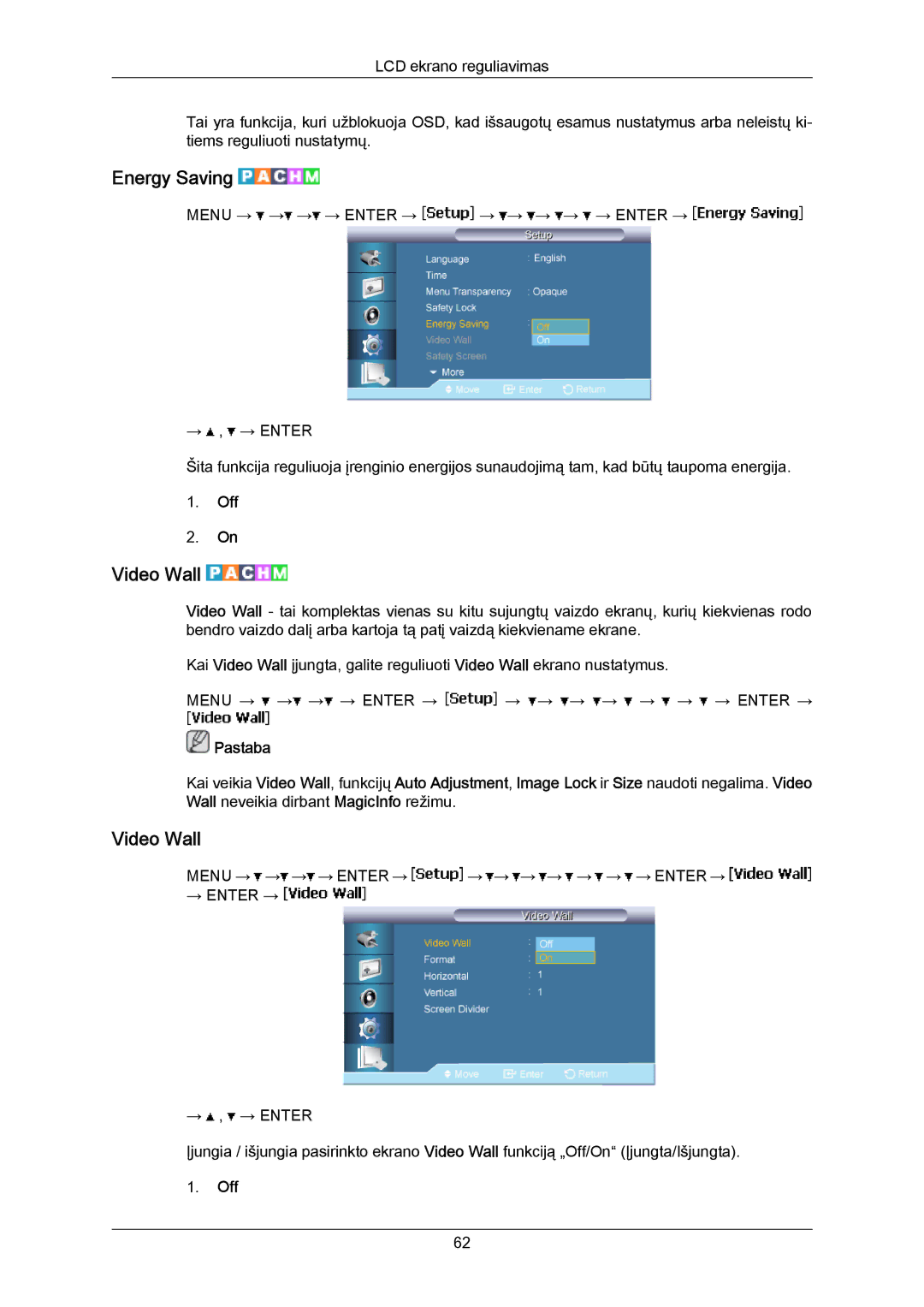 Samsung LH40MRTLBC/EN manual Energy Saving, Video Wall 