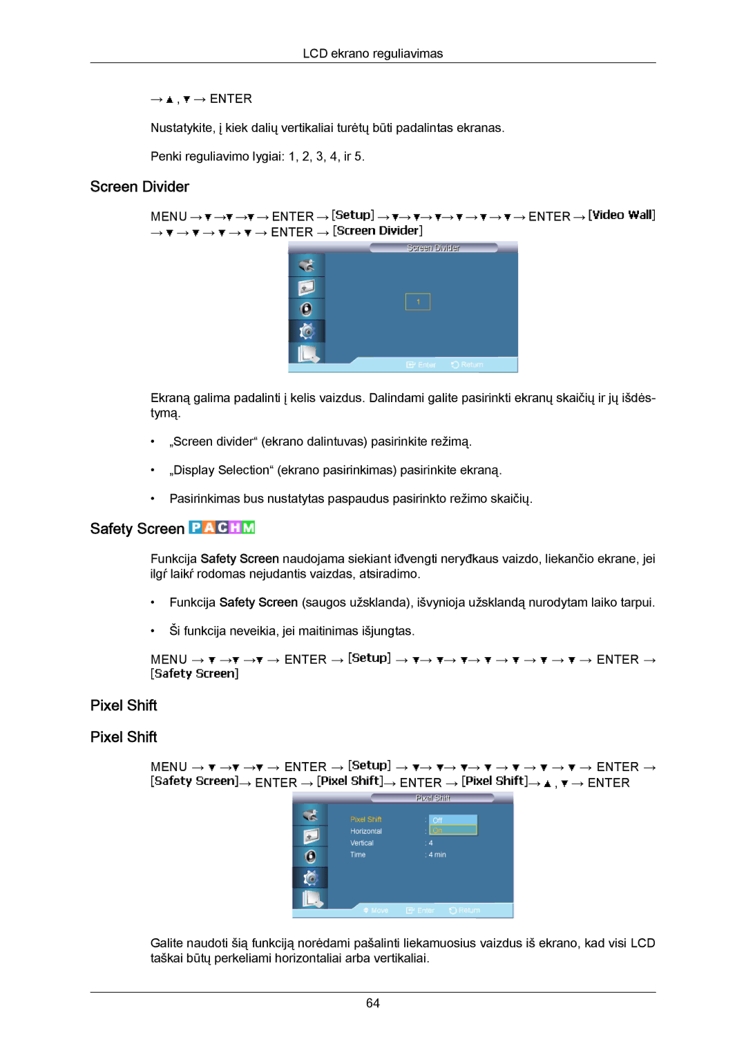 Samsung LH40MRTLBC/EN manual Screen Divider, Safety Screen, Pixel Shift 