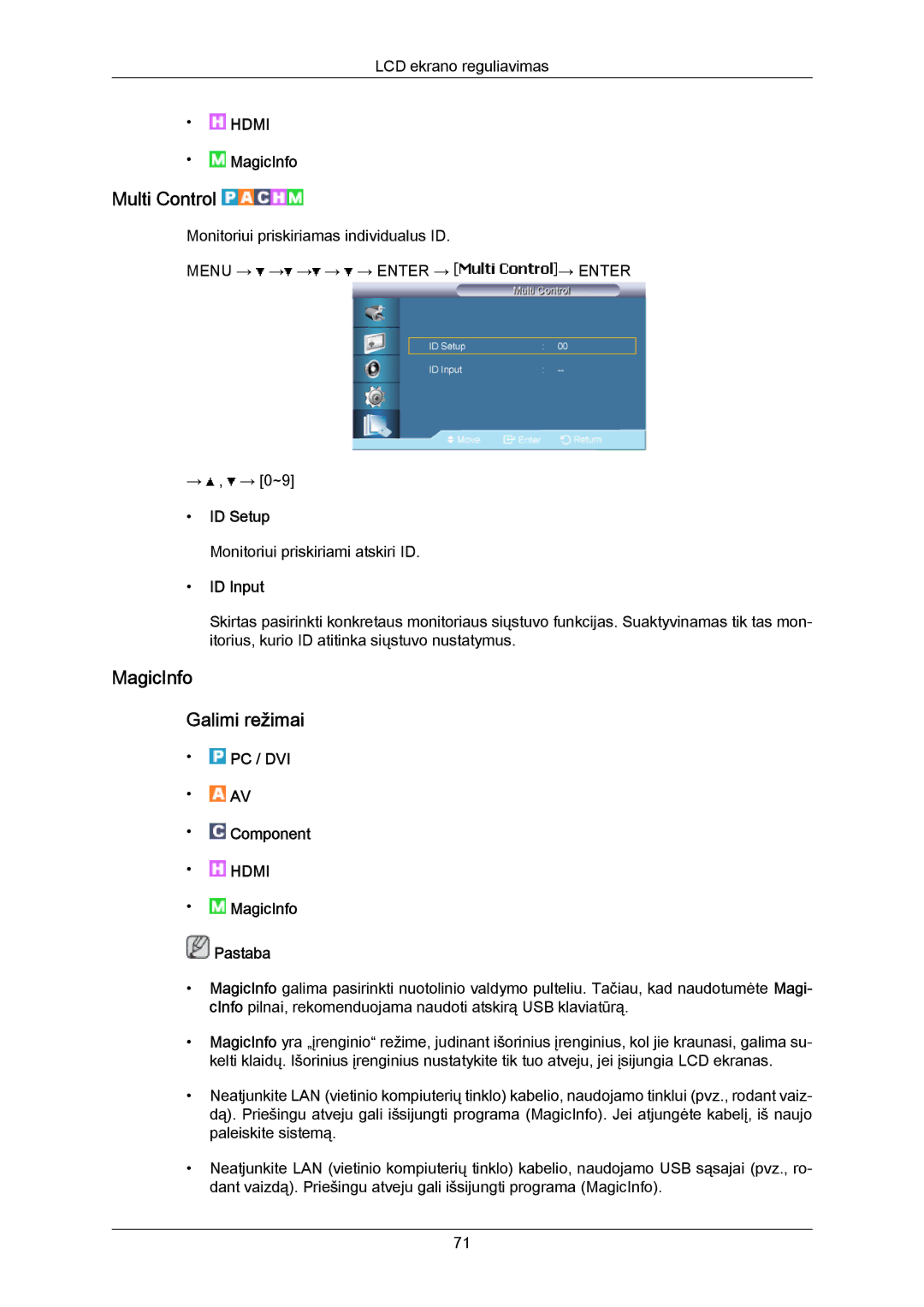 Samsung LH40MRTLBC/EN manual Multi Control, MagicInfo Galimi režimai, ID Setup, ID Input, MagicInfo Pastaba 