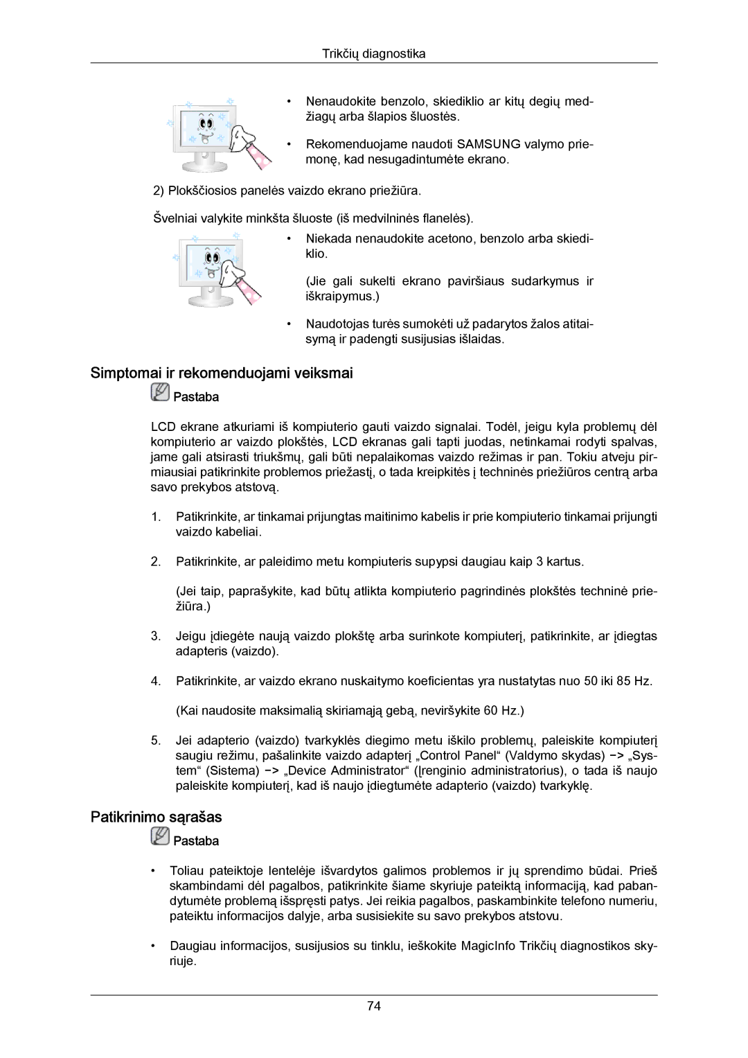 Samsung LH40MRTLBC/EN manual Simptomai ir rekomenduojami veiksmai, Patikrinimo sąrašas 