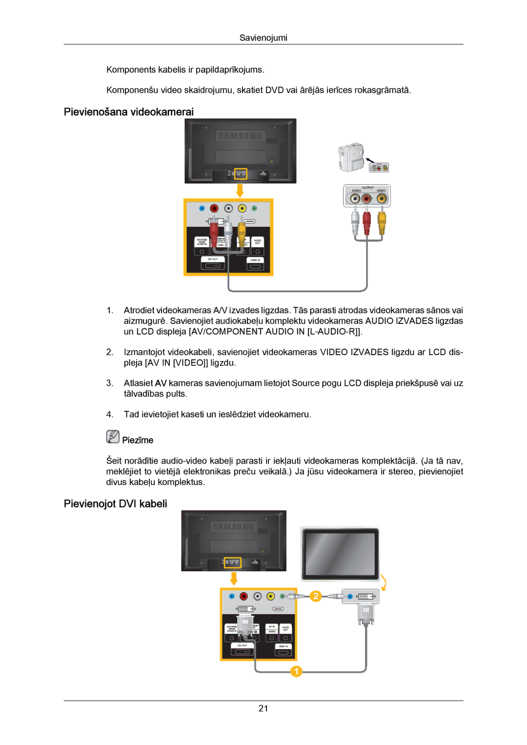 Samsung LH40MRTLBC/EN manual Pievienošana videokamerai, Pievienojot DVI kabeli 