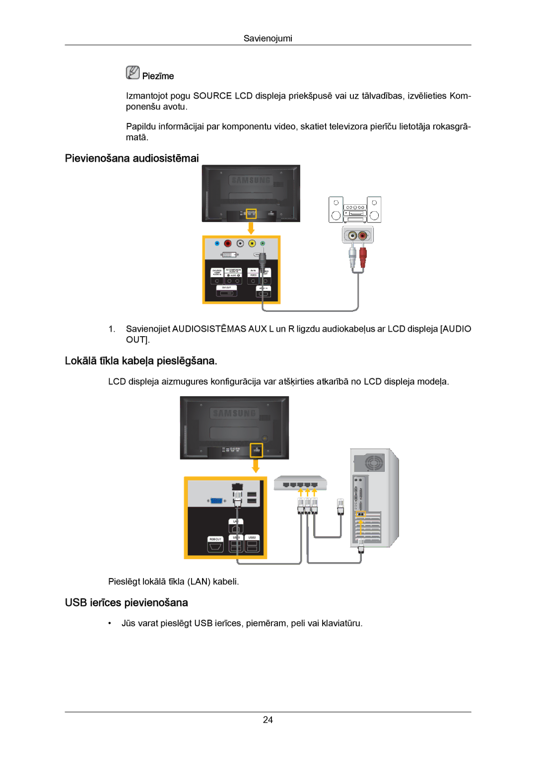 Samsung LH40MRTLBC/EN manual Pievienošana audiosistēmai, Lokālā tīkla kabeļa pieslēgšana, USB ierīces pievienošana 