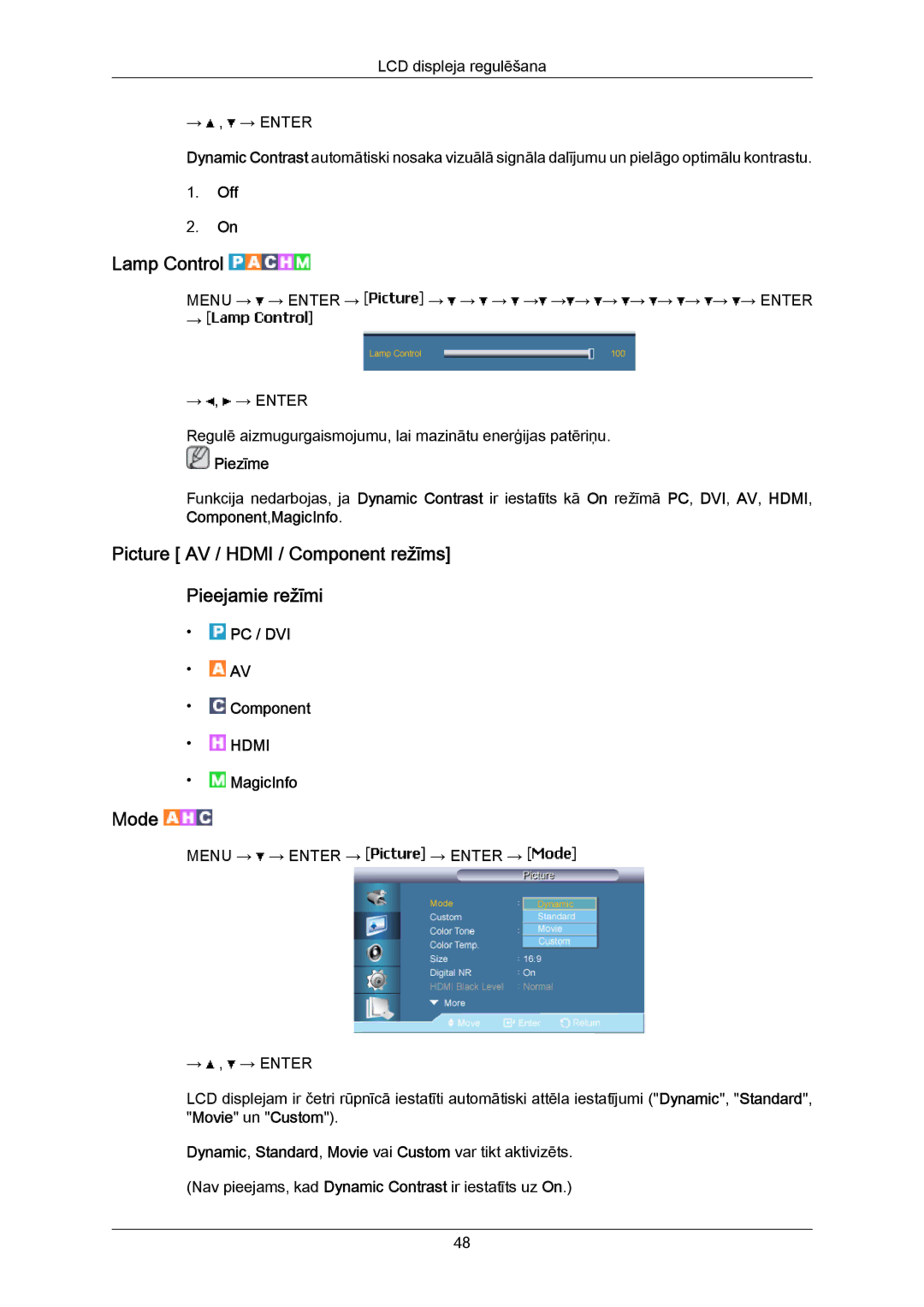 Samsung LH40MRTLBC/EN manual Lamp Control, Picture AV / Hdmi / Component režīms Pieejamie režīmi, Mode 