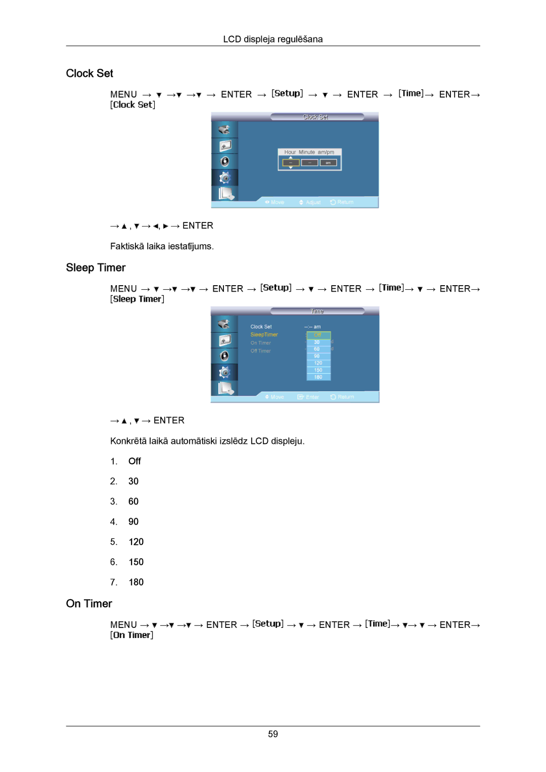 Samsung LH40MRTLBC/EN manual Clock Set, Sleep Timer, On Timer 