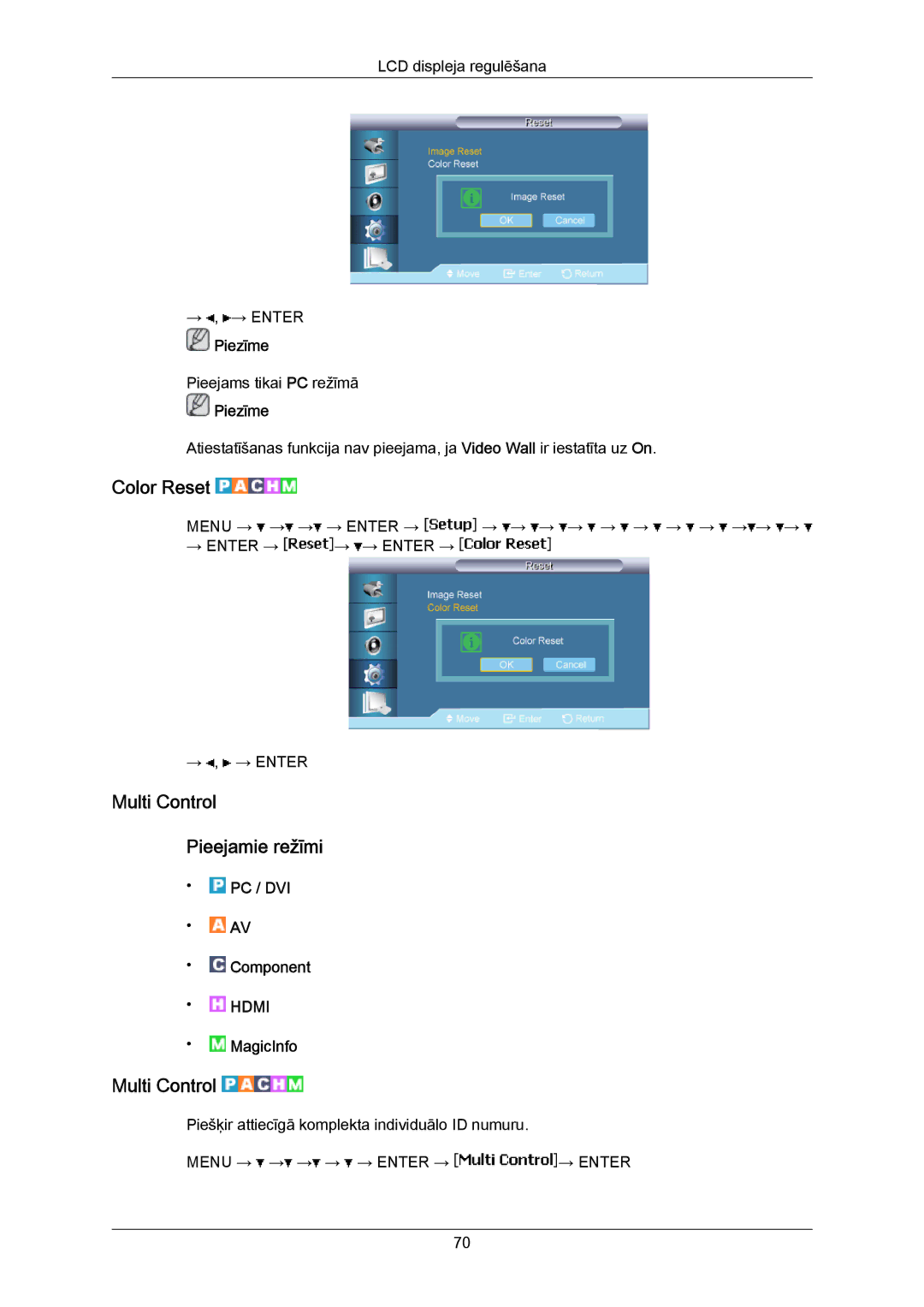 Samsung LH40MRTLBC/EN manual Color Reset, Multi Control Pieejamie režīmi 