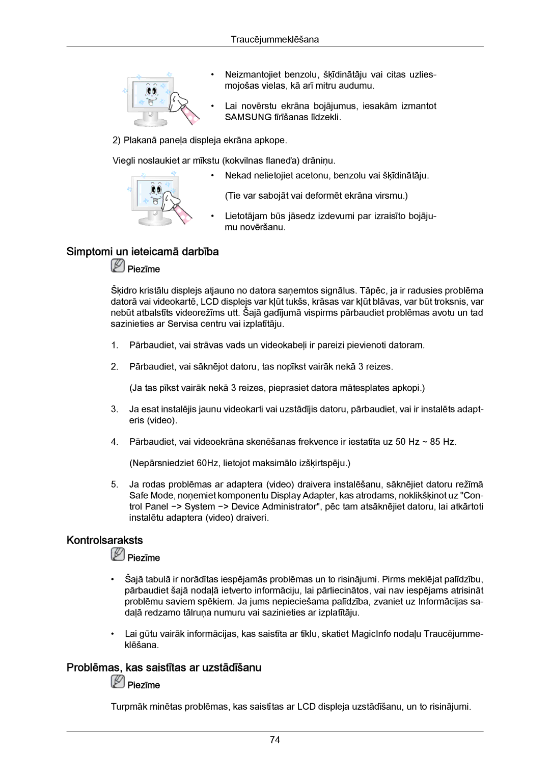 Samsung LH40MRTLBC/EN manual Simptomi un ieteicamā darbība, Kontrolsaraksts, Problēmas, kas saistītas ar uzstādīšanu 