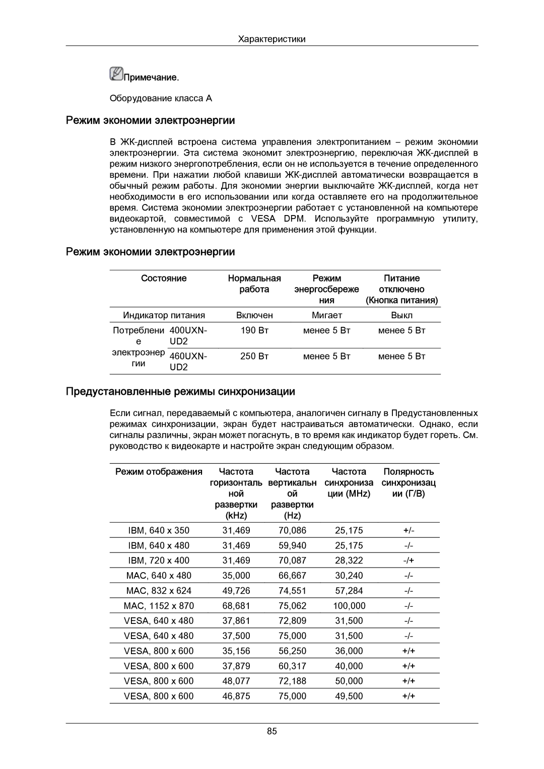 Samsung LH40MRTLBC/EN manual Режим экономии электроэнергии, Предустановленные режимы синхронизации, Ции MHz, KHz 